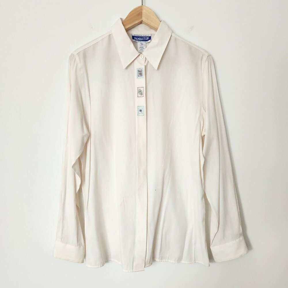 Vintage Pendleton Embroidered Blouse Cream Womens Size 12 Long‎ Sleeve Preppy